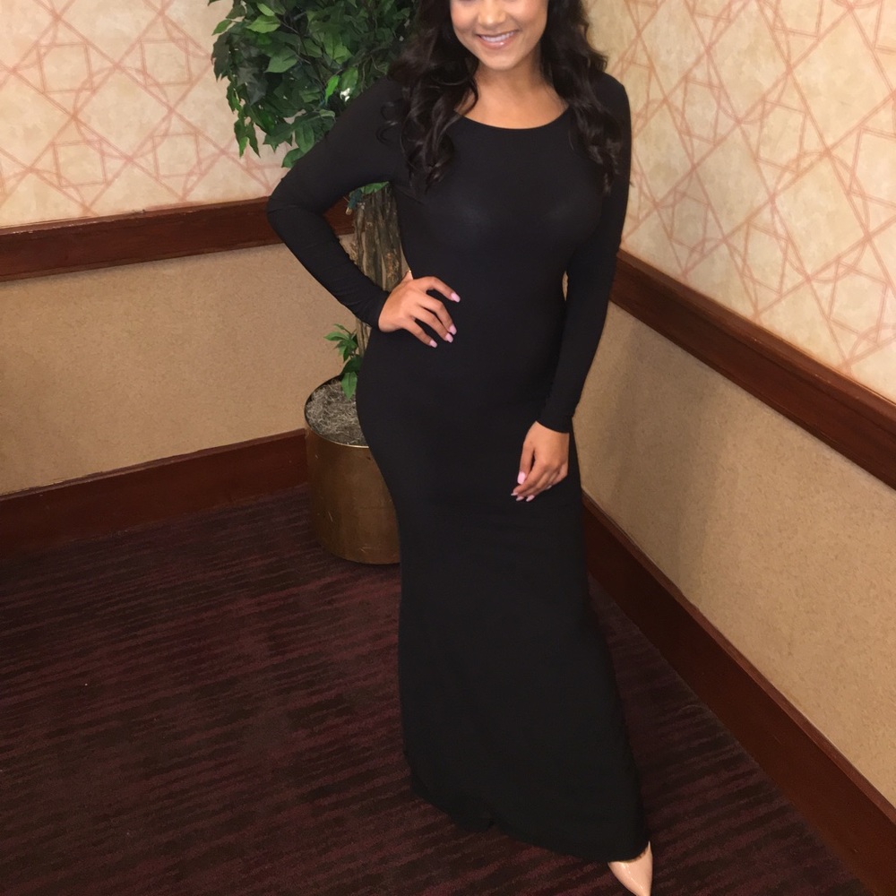 Long black formal low scoop back dress